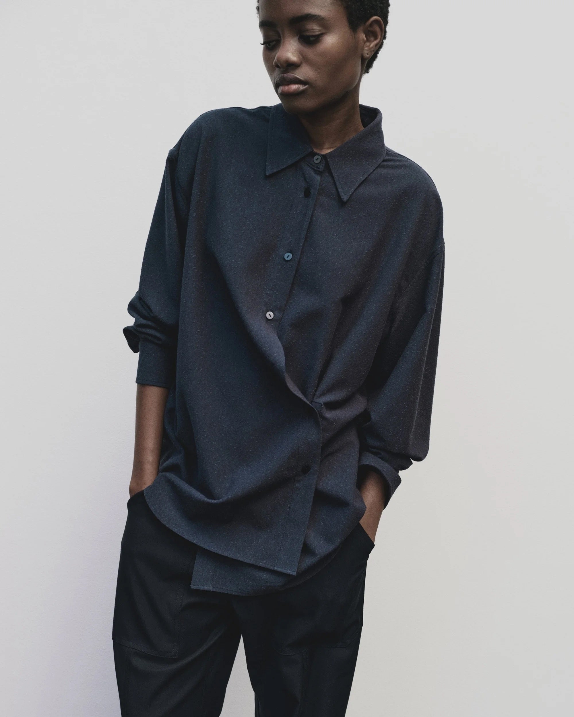 MIJEONG PARK TEXTURED OVERSIZED SHIRT NAVY