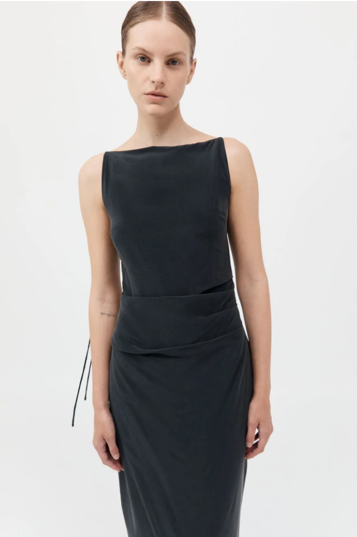 ST. AGNI SILK TUCK DRESS IN BLACK