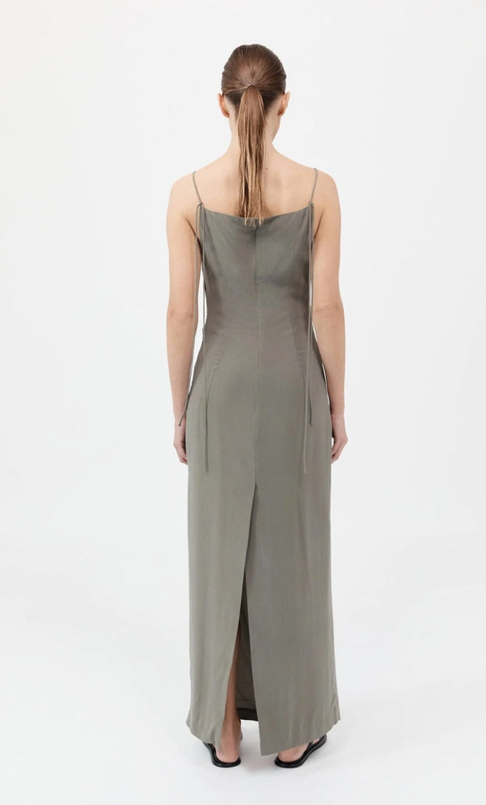 ST. AGNI SILK TUCK DRESS IN SMOKEY OLIVE