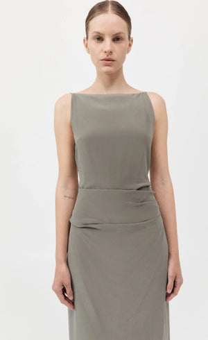 ST. AGNI SILK TUCK DRESS IN SMOKEY OLIVE