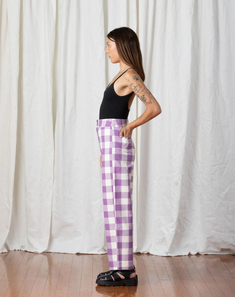 ALI GOLDEN SILK FLY FRONT PANT LILAC PLAID