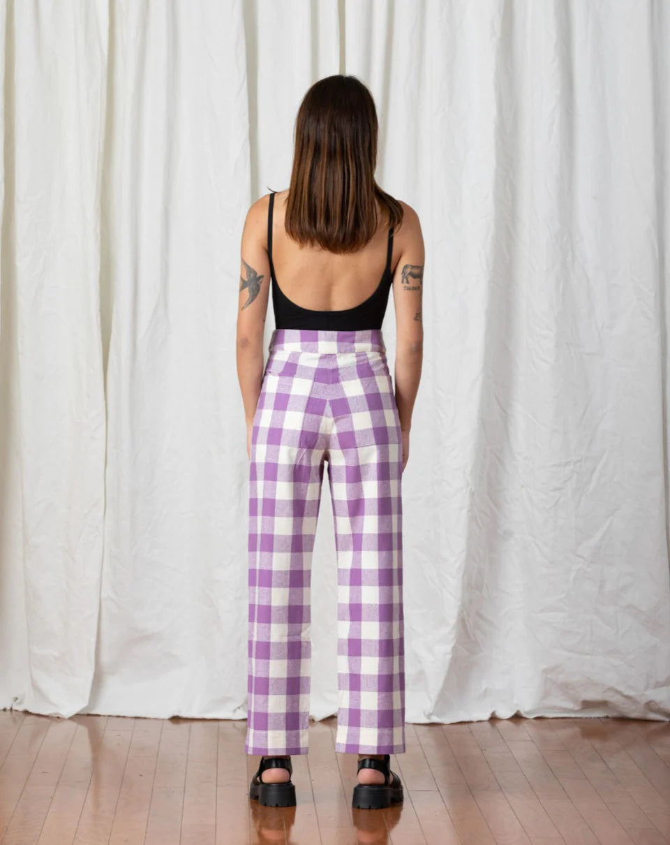 ALI GOLDEN SILK FLY FRONT PANT LILAC PLAID